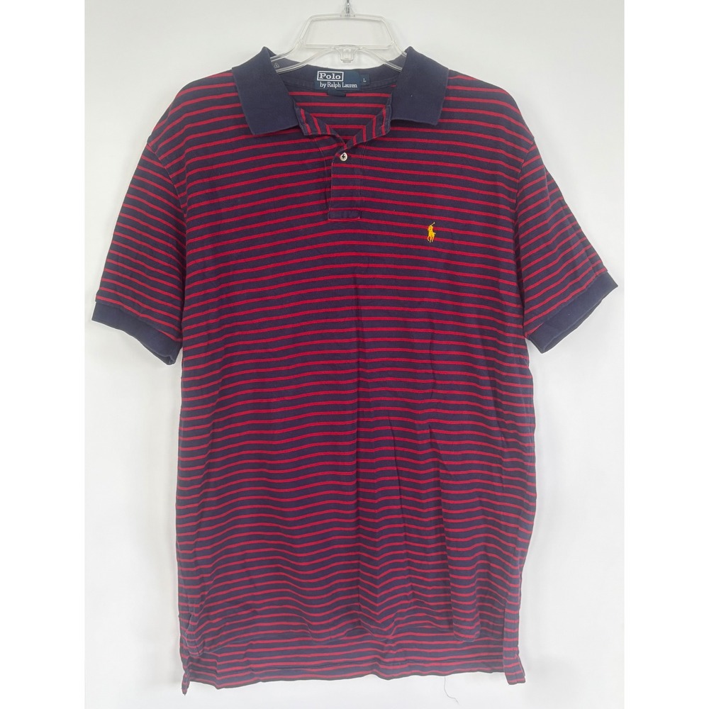 Polo Ralph Lauren Mens Large Navy Red Striped Short Sleeve‎ Pique Polo Shirt L